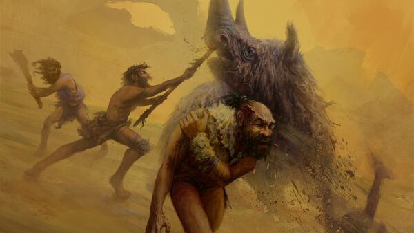 Неандертальцы охотятся на шерстистого носорога