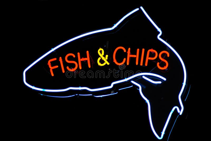 Fish and Chips. A neon fish and chips sign stock photo
