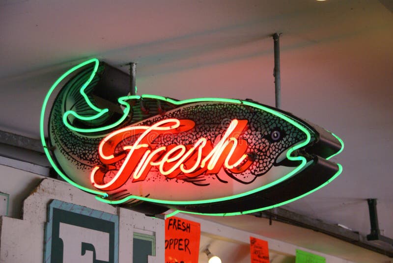 Fresh Fish neon sign. fresh seafood market, Pike Place MarketSeattlePacific Northwest stock image