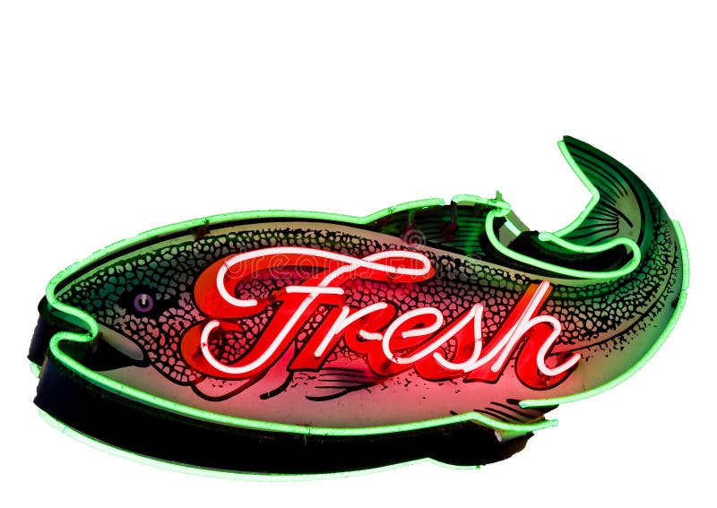 Fresh Fish Neon Sign. A bright red and green fresh fish sign at a local market royalty free stock photography