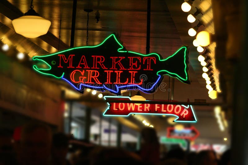Neon fish sign. Pike Place MarketSeattleWA royalty free stock images